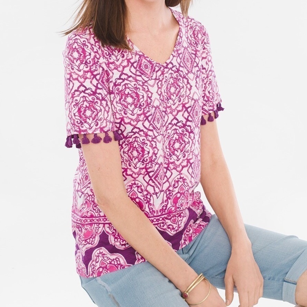 Chicos Tribal Tassel Short Sleeve Pink Purple Lightweight Cotton Blend Tee Shirt
